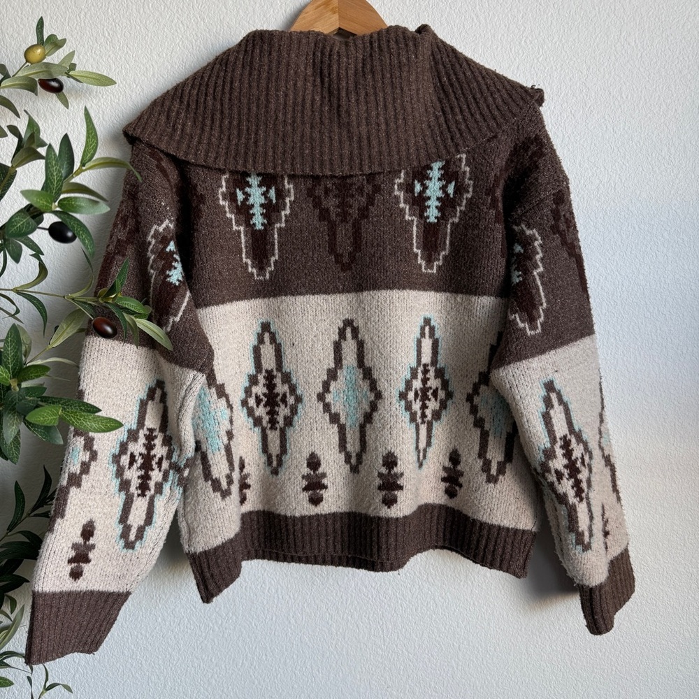 Pink Republic Brown Aztec Western Cowgirl Half Zip Sweater Women’s Size Medium - Picture 5 of 5